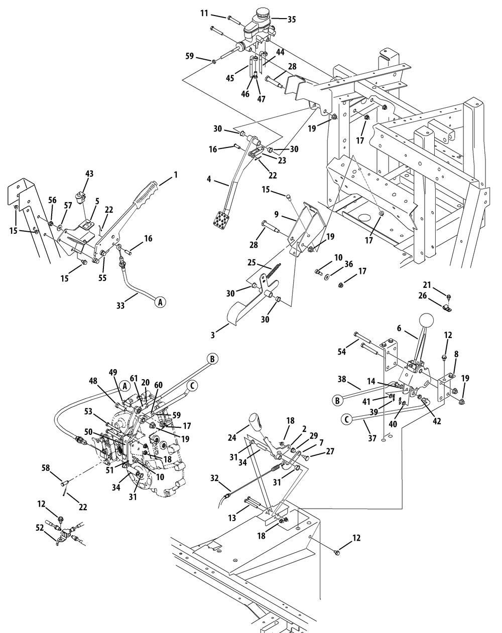 Pedals And Levers Diagram and Parts List for 46D 4X4-37ACD710 Cub Cadet Lawn Tractor Accessories